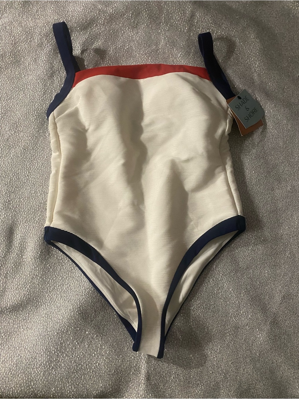 Shade & Shore White One-Piece Swimsuit with Navy Trim and Coral Band